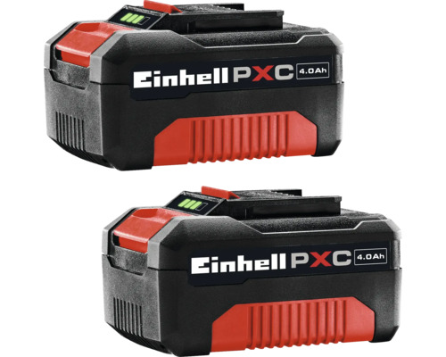 Dva akumulátory Einhell Power X-Change s kapacitou 4,0 ampérhodin a indikátorem stavu nabití pro akumulátorové nářadí.