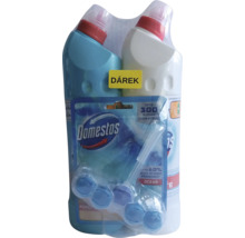 Čisticí sada Domestos obsahující dvě lahve WC čističe a balení WC bloků Ocean s nálepkou Dárek.