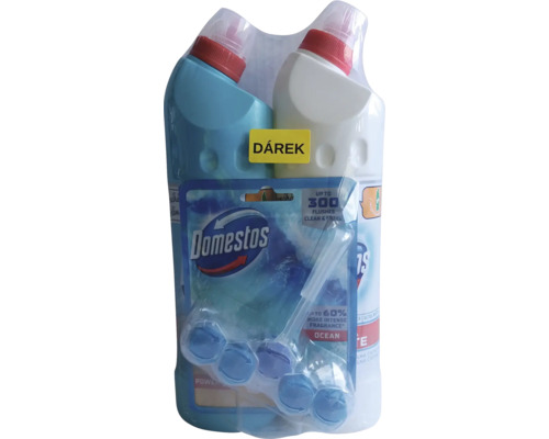 Čisticí sada Domestos obsahující dvě lahve WC čističe a balení WC bloků Ocean s nálepkou Dárek.