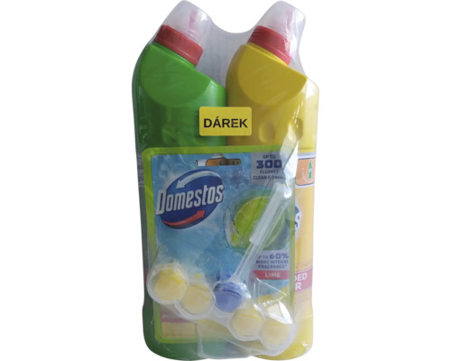 Domestos akční sada obsahující dva tekuté WC čističe a jeden WC blok Power 5 s vůní limetky.