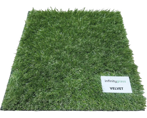 Umělý trávník infinitygrass VELVET s hustými stébly a infinitygrass Logo.
