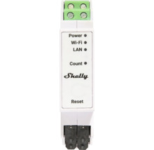 Modul Shelly smart home pro DIN lištu s LED indikátory pro Power, Wi-Fi, LAN, Count a resetovacím tlačítkem.
