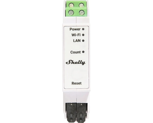 Modul Shelly smart home pro DIN lištu s LED indikátory pro Power, Wi-Fi, LAN, Count a resetovacím tlačítkem.