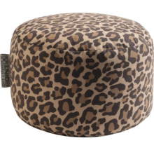 Kulatý sedací puf s leopardím vzorem a Sitting Point Logo.