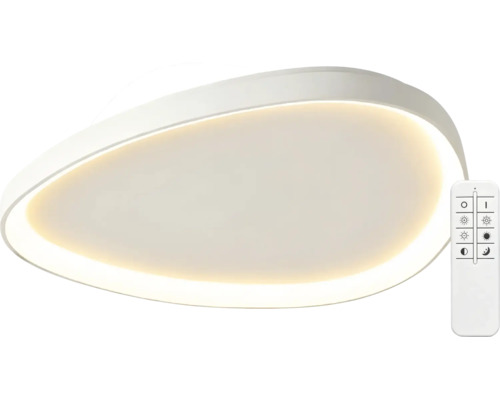 Moderní asymetrické stropní LED svítidlo s teplým bílým světlem a dálkovým ovládáním.