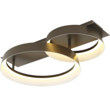 Moderní LED stropní svítidlo se dvěma překrývajícími se svítícími kruhovými prvky z kovu.