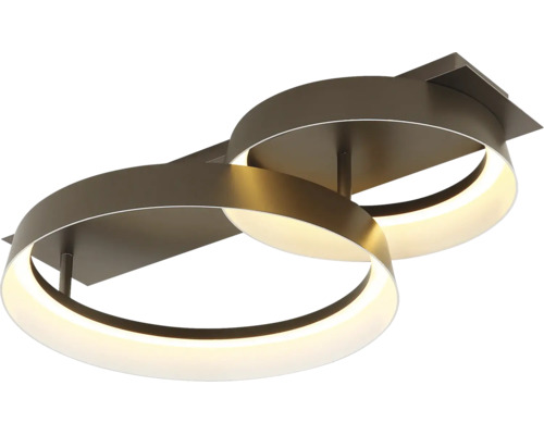 Moderní LED stropní svítidlo se dvěma překrývajícími se svítícími kruhovými prvky z kovu.