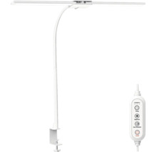 Stolní LED lampa na upnutí s nastavitelnou dvojitou světelnou lištou, flexibilním krkem, stolní svorkou a kabelovým ovladačem.