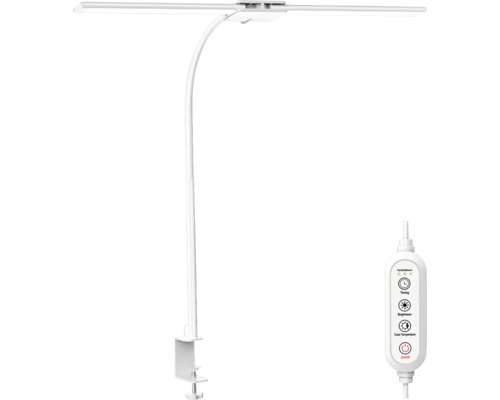 Stolní LED lampa na upnutí s nastavitelnou dvojitou světelnou lištou, flexibilním krkem, stolní svorkou a kabelovým ovladačem.