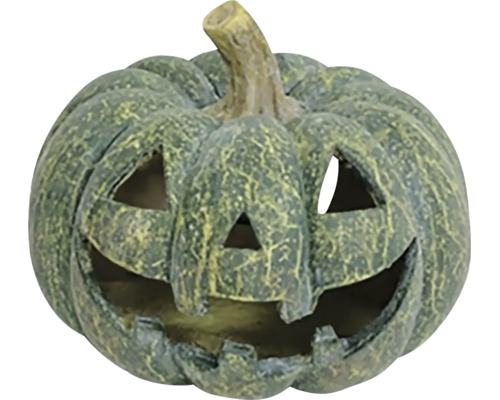 Dekorativní dýně s vyřezaným obličejem na Halloween, z umělého kamene se strukturovaným povrchem.