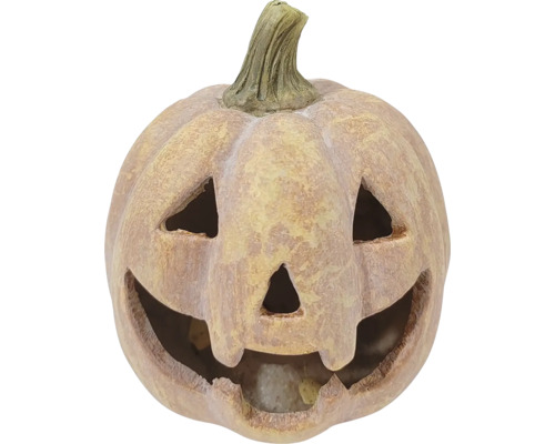 Dekorativní halloweenská dýně s vyřezávaným obličejem, strukturovaný povrch se vzhledem kamene.