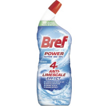 WC gel Bref Power Active Ocean se čtyřnásobným účinkem proti vodnímu kameni v lahvi z recyklovaného plastu.