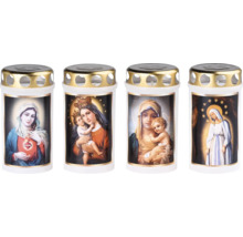 Čtyři hřbitovní svíčky s různými motivy Madony, bílým plastovým pouzdrem a zlatým kovovým víčkem s větracími otvory.