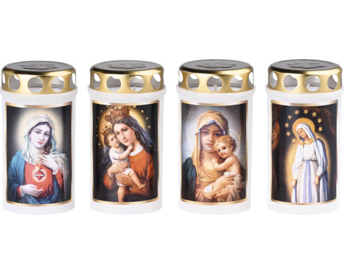 Čtyři hřbitovní svíčky s různými motivy Madony, bílým plastovým pouzdrem a zlatým kovovým víčkem s větracími otvory.
