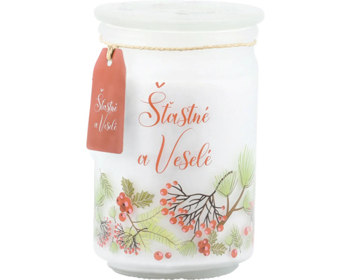 Vonná svíčka ve skle s vánočním motivem borovicových větviček, bobulí a nápisem Šťastné a Veselé.