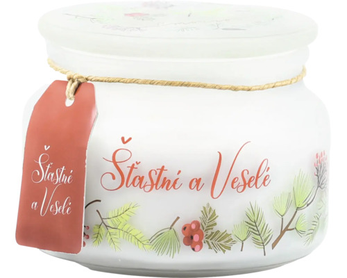 Vonná svíčka v bílé sklenici s víčkem, zdobená větvičkami, bobulemi a nápisem Šťastné a Veselé.