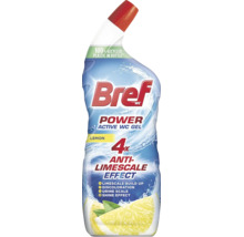 Bref Power Active WC gel s vůní citronu v láhvi s čtyřnásobným účinkem proti vodnímu kameni na čištění toalet.