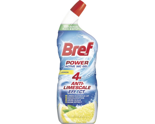 Bref Power Active WC gel s vůní citronu v láhvi s čtyřnásobným účinkem proti vodnímu kameni na čištění toalet.