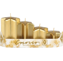 Čtyři zlaté adventní svíčky ve tvaru hvězdy v různých výškách. Logo Emorio. Certifikát kvality Z-Trade.