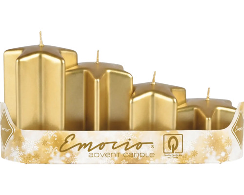 Čtyři zlaté adventní svíčky ve tvaru hvězdy v různých výškách. Logo Emorio. Certifikát kvality Z-Trade.