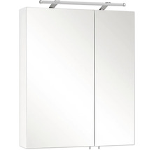 Koupelnová zrcadlová skříňka se dvěma dvířky a LED osvětlením.