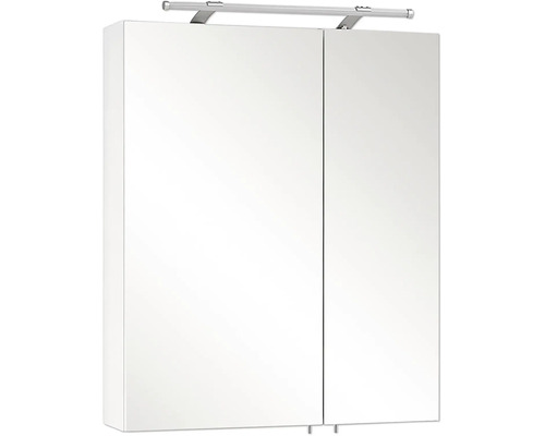 Koupelnová zrcadlová skříňka se dvěma dvířky a LED osvětlením.