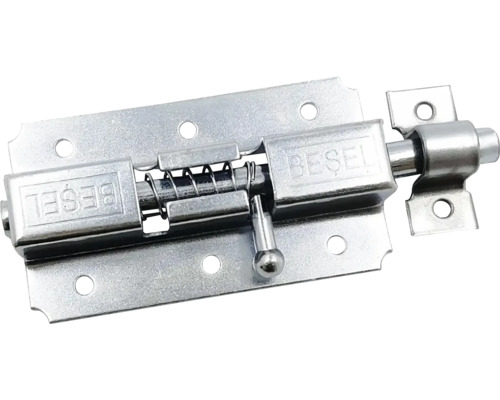Kovová pružinová zástrč s pružinovým mechanismem a protikusem pro zajištění dveří.