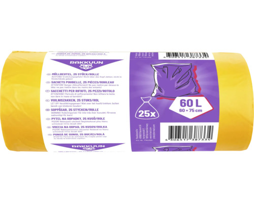 Žluté pytle na odpadky Rakkuun, 25 kusů v roli, 60 litrů, 60 krát 75 centimetrů.