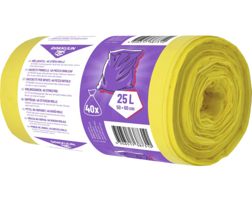 Role se 40 žlutými pytli na odpad Rakkuun, objem 25 litrů, rozměry 50 krát 60 centimetrů.