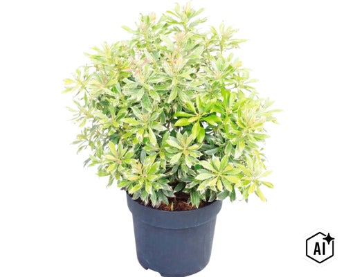 Pieris japonská s bílo-zelenými panašovanými listy v černém plastovém květináči. (Image AI modified or generated)