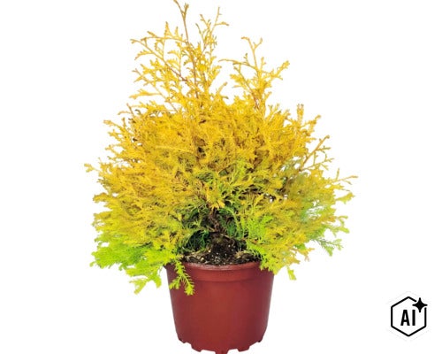 Stálezelený zerav Thuja se žlutozeleným jehličím v hnědém květináči. (Image AI modified or generated)
