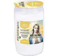 Hřbitovní svíčka Nohel Garden Memory v bílém plastovém kelímku s motivem Panny Marie na etiketě.