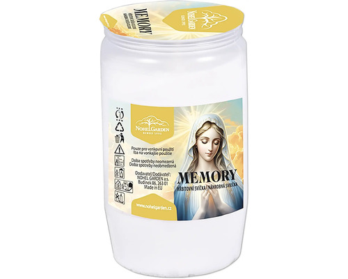 Hřbitovní svíčka Nohel Garden Memory v bílém plastovém kelímku s motivem Panny Marie na etiketě.