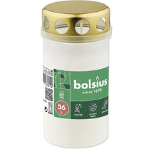 Hrobová svíčka Bolsius v bílém plastovém kelímku s kovovým víčkem zlaté barvy a dobou hoření 36 hodin.