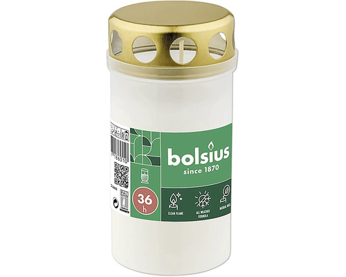 Hrobová svíčka Bolsius v bílém plastovém kelímku s kovovým víčkem zlaté barvy a dobou hoření 36 hodin.