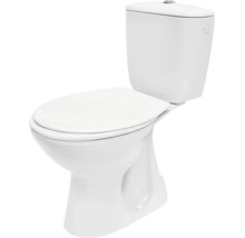 Stojící WC kombi z bílé keramiky se splachovací nádržkou a uzavřeným WC sedátkem.