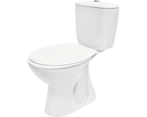Stojící WC kombi z bílé keramiky se splachovací nádržkou a uzavřeným WC sedátkem.