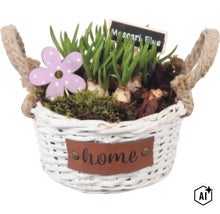 Osázený proutěný košík s modřenci (Muscari), mechem, ozdobnou květinou a cedulkou v košíku s uchy a nápisem home. (Image AI modified or generated)