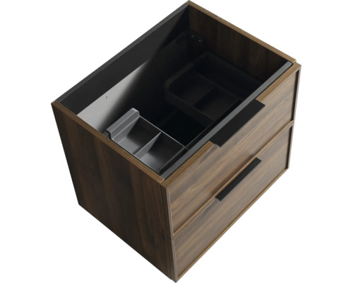 Dřevěná skříňka pod umyvadlo se dvěma zásuvkami a integrovanými úložnými boxy při pohledu shora.