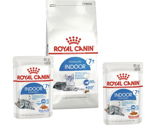Výběr krmiva pro kočky Royal Canin Indoor 7 plus obsahující jeden pytel granulí a dvě kapsičky mokrého krmiva pro starší kočky žijící v bytě.