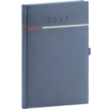 Diář pro rok 2027 s vazbou v knižním stylu a dekorativním prošitím.