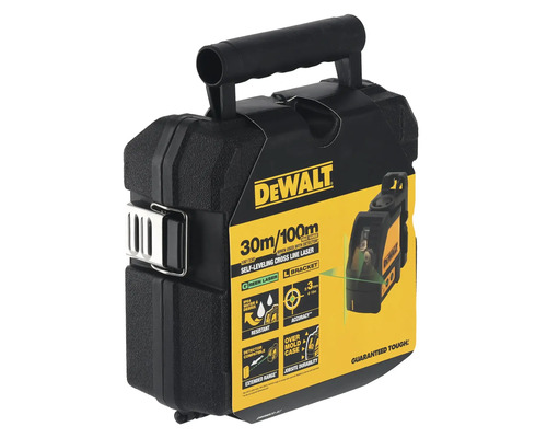 Samonivelační křížový laser DeWalt v přepravním kufříku s technickými údaji a funkcemi na obalu.