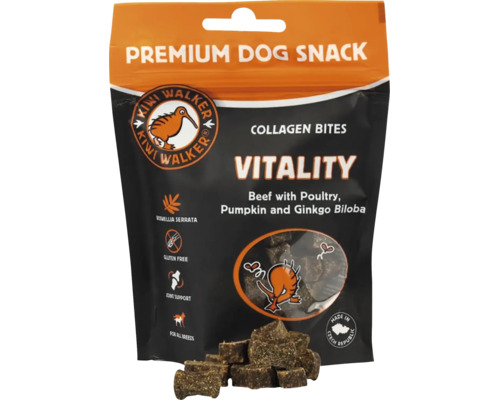Pamlsek pro psy Kiwi Walker Premium Vitality s hovězím drůbeží dýní a jinanem dvoulaločným pro všechna plemena v uzavíratelném sáčku