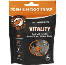 Prémiový pamlsek pro psy Kiwi Walker Vitality kolagenové kousky hovězí s drůbežím dýní a jinanem dvoulaločným v obalu