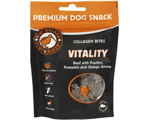 Prémiový pamlsek pro psy Kiwi Walker Vitality kolagenové kousky hovězí s drůbežím dýní a jinanem dvoulaločným v obalu