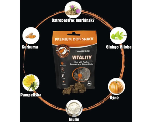 Pochoutky pro psy Kiwi Walker Vitality kolagenove s hovezím drubezi dýni a jinanem dvoulaločnatým v baleni
