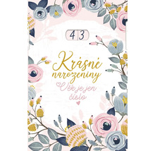 Narozeninové přání s květinovým motivem a nápisem 43 let, květinový design pro blahopřání.