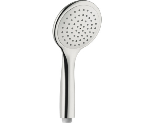 Kulatá kovová sprchová hlavice s mnoha tryskami pro příjemné sprchování.