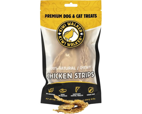 Pamlsek pro psy a kočky Kiwi Walker Chicken Strips, přírodní kuřecí proužky bez přísad, bez obilovin a bohaté na bílkoviny.