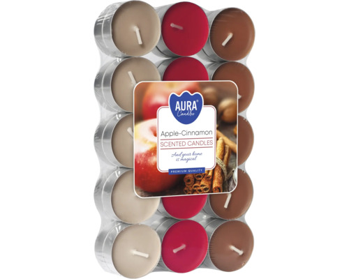 Balení čajových svíček s vůní jablko a skořice od Aura Candles v hliníkových kalíšcích